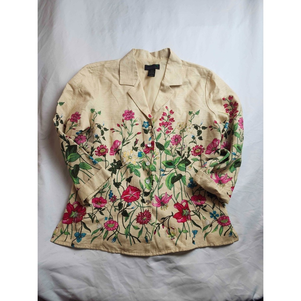 Silkland Blazer Jacket Womens Medium Beige Silk Woven Floral Button Up Career